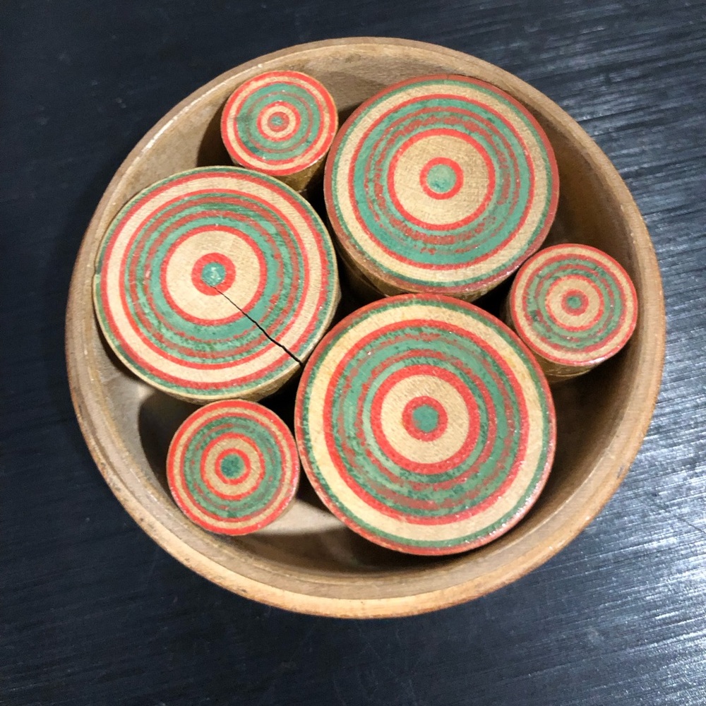 Antique Tunbridge Ware Circular Box with Inside Pots with Beads Early 1800s